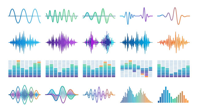 Audio waveform vector illustration collection featuring colorful sinusoidal waves, oscillating patterns, and equalizer bars in vibrant tones, perfect for music production, sound design, and digital gr