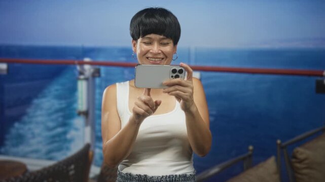 Woman holding smartphone, tapping screen on ship deck with sea wake and railing visible; joy travel memory.