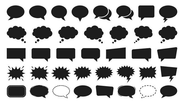 Speech bubble vector illustration collection featuring comic-style dialogue and thought shapes in black silhouettes, perfect for graphic design, communication artwork, and creative projects.
