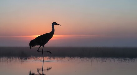 Fototapeta premium Sandhill crane stands in the shallow water of a misty wetland during a vibrant sunrise.