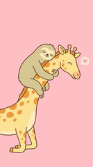 Fototapeta premium Cute Sloth Hugging Giraffe Vector Illustration, Happy Wild Animal Friends Embracing, Slow Life and Friendship Concept for Kids Nursery and Posters