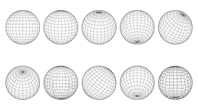 Wireframe sphere vector illustration collection featuring geometric 3D globe designs with grid patterns, latitude and longitude meshes, perfect for science, technology, modeling, and abstract graphics