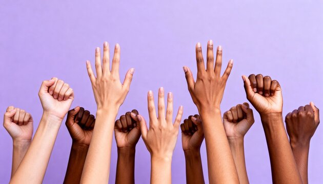 Raised hands and fists of a diverse multi-ethnic group. People showing solidarity and empowerment.
