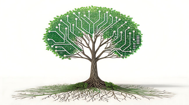 Digital tree grown from circuit boards green circuit tree with roots blending nature and technology, eco technology concept merging electronics
