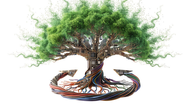 Digital circuit tree with green foliage and colorful cable roots symbolizing technology and environmental harmony expressing innovation and hope