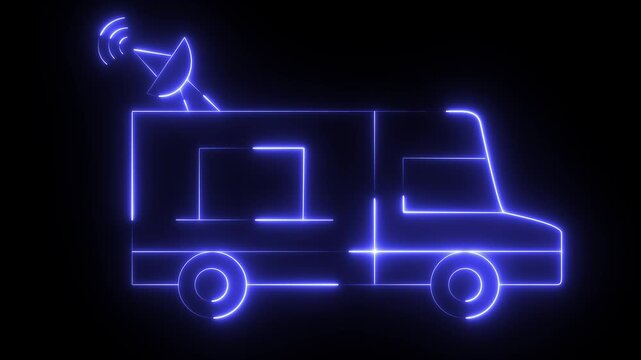 A neon glowing illustration of a satellite news van.