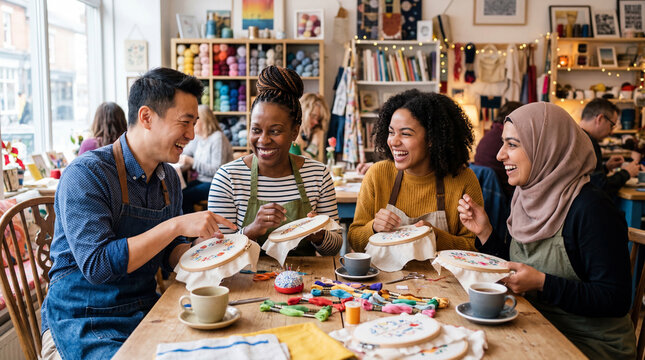 Diverse group of adults laughing at an embroidery workshop. Happy friends sewing and crafting together in a bright studio. Creative hobby and community concept