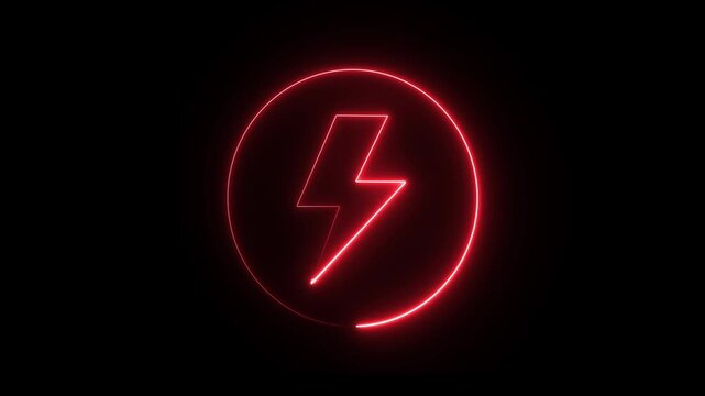 A glowing red neon lightning bolt inside a circular frame against a black background