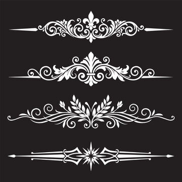 Elegant White Fleur-de-lis and Botanical Text Dividers Collection - Symmetrical Ornate Vector Scrollwork and Floral Ornaments for Graphic Design, Invitations, and Formal Layouts