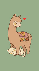 Fototapeta premium Peaceful Alpaca and Sleeping Cat Illustration, Cute Llama with Blanket and Pet Friend, Animal Friendship, Kawaii Serene Scene, Pastel Green Background Vector Art