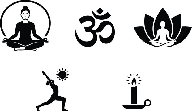 Black yoga icons set with om symbol