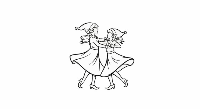 Two cartoon elves in pointed hats and dresses dancing together