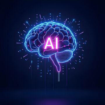 Conceptual illustration of glowing human brain with AI text, symbolizing artificial intelligence, machine learning, neural network, and futuristic digital mind technology visualization.