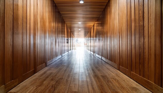 long light filled corridor with wood walls and floor leading to a distant light source