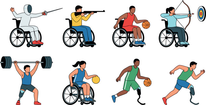 Paralympic Sports Icon Set with Wheelchair Basketball, Archery, Fencing, Weightlifting, and Running for Adaptive Sports and Athlete Design Projects