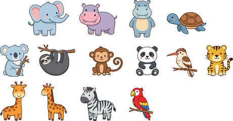 Fototapeta premium Large Collection of Cute Baby Animal Vectors Featuring Elephant Panda Tiger Giraffe and Zebra for Kids Education Nursery Wall Art and Sticker Designs.