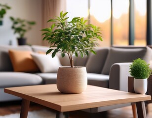 Fototapeta premium cozy living room potted plant and blurry background