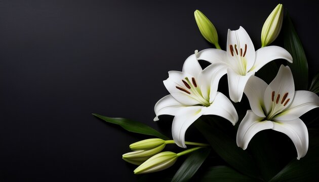 branch of white lilies flowers mourning or funeral background condolence card with copy space for text