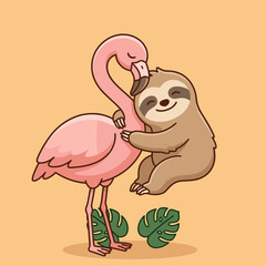 Fototapeta premium Cute Flamingo and Sloth Hugging Illustration, Best Friends Animal Characters, Tropical Wildlife Friendship Hug Vector, Sweet Relationship Concept for Nursery Decor