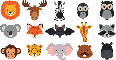 Animal Face Illustration Collection Featuring Lion, Moose, Zebra, Owl, Koala, Fox, Bat, Giraffe, Monkey, Elephant, and Stylized Cartoon Wildlife Designs © MstRanzina