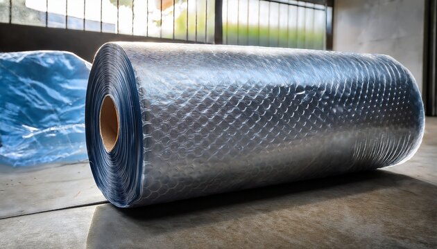 a large roll of bubble wrap rests on a concrete floor partially unfurled showcasing its air filled bubble texture and protective qualities
