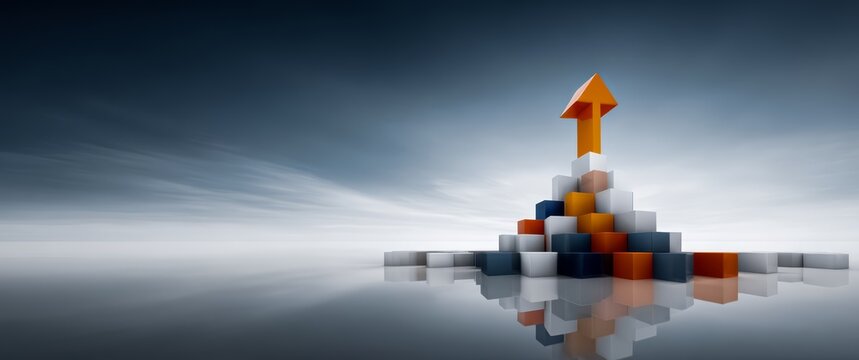Stack of blocks with an orange arrow on top. Concept of progress and success. The blocks