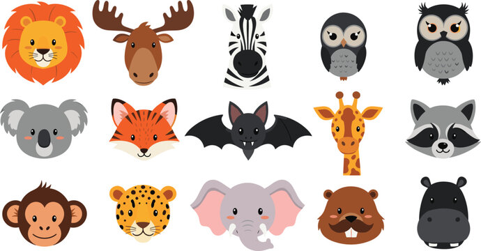 Animal Face Illustration Collection Featuring Lion, Moose, Zebra, Owl, Koala, Fox, Bat, Giraffe, Monkey, Elephant, and Stylized Cartoon Wildlife Designs