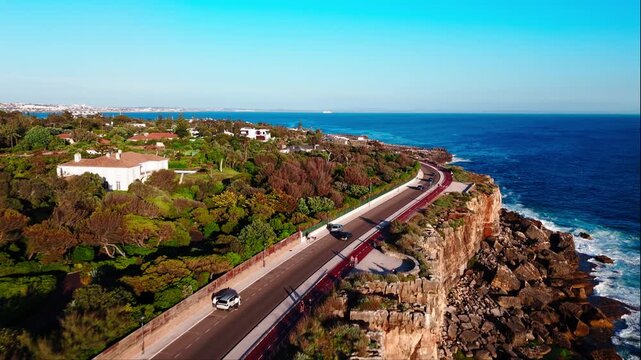 Establishing shot of rocky Cascais coastline with coastal road and Atlantic Ocean, Portugal