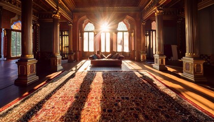 Obraz premium sunbeams illuminate a grand ornate room with patterned carpets and cushions
