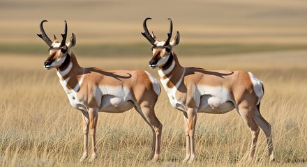 Naklejka premium Two pronghorn antelopes standing in grassy field
