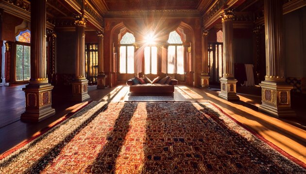 sunbeams illuminate a grand ornate room with patterned carpets and cushions