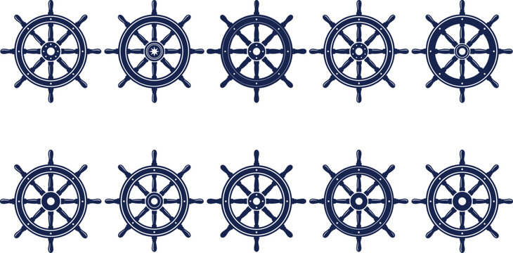 Ship Steering Wheel Icon Set with Nautical Helm Symbols for Maritime Navigation Sea Travel Marine Equipment and Ocean Adventure Design Collection