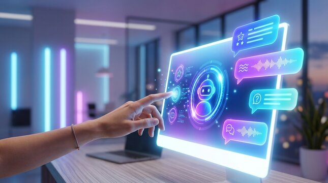 A person touches a glowing digital screen displaying an interactive artificial intelligence chatbot user interface design