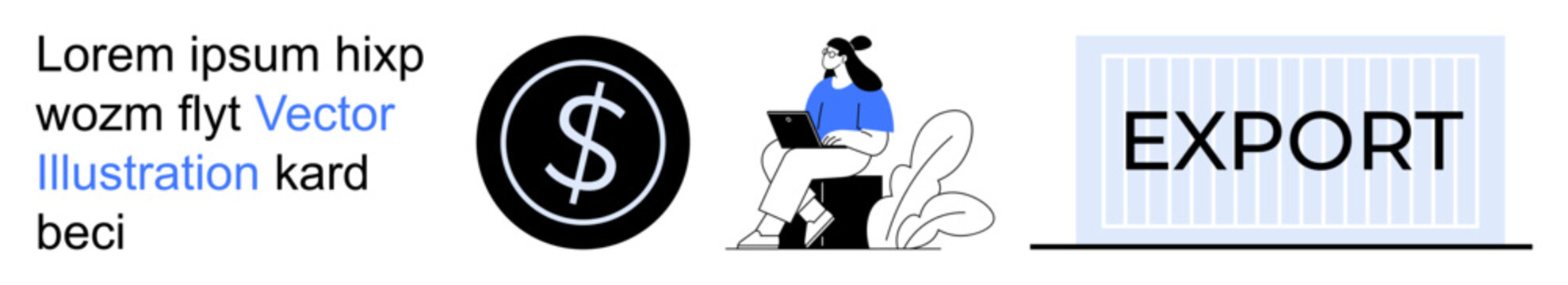 Digital commerce, logistics, financial exports, online business, global trade, e-commerce. Woman sitting with a laptop, dollar symbol export container. Digital commerce and logistics concept