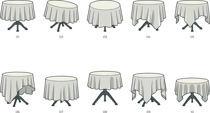 Round Table with Cloth Cover Set in Different Styles and Draping Variations Isolated on White Background for Furniture and Interior Design Illustration