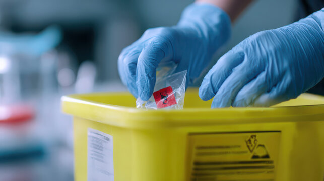 Gloved hands disposing of biohazard bag in yellow sharps container
