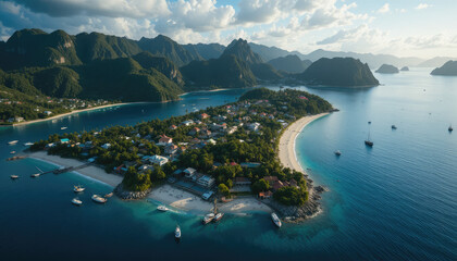 Obraz premium Aerial view of a tropical island with boats and mountains in the background near 1 (246).png