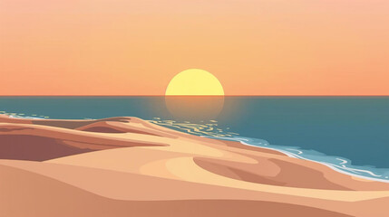 Flat vector graphic illustration of a serene ocean landscape at sunset, featuring rolling sand dunes meeting the tranquil sea. © Pemuda