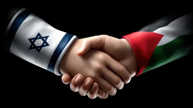 Israel and Palestine flags on hands shaking, symbolizing peace, reconciliation, diplomacy, and a future of cooperation and conflict resolution between two nations
