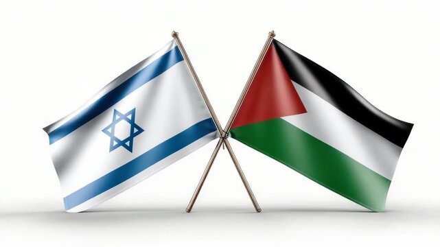 Israeli and Palestinian flags crossed on stands, representing complex geopolitical ties, ongoing dialogue, and a fragile pursuit of peace, coexistence, and mutual understanding
