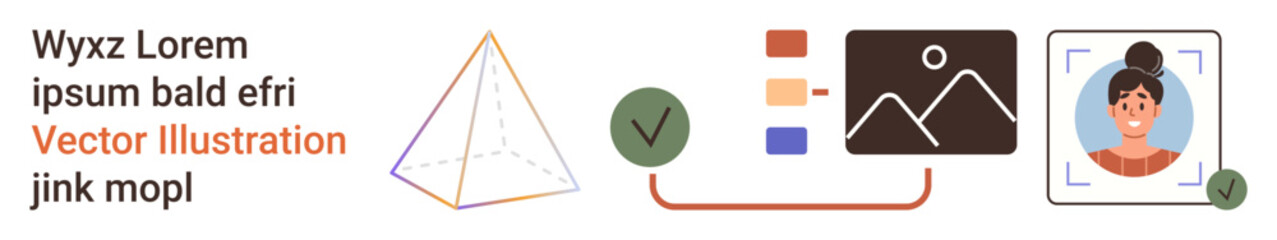 Data visualization, content curation, digital workflows, user identity, file verification, creative process. Pyramid chart, checkmark photo framework and profile portrait. Data visualization © robu_s
