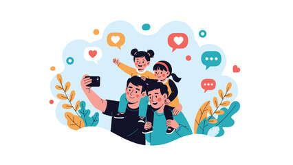 Naklejka premium Happy family with two young children taking a group selfie with their smartphone among hearts and speech bubbles.