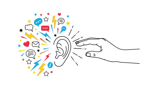 Human hand reaching towards a large ear surrounded by colorful social media icons and lightning bolts representing information overload.