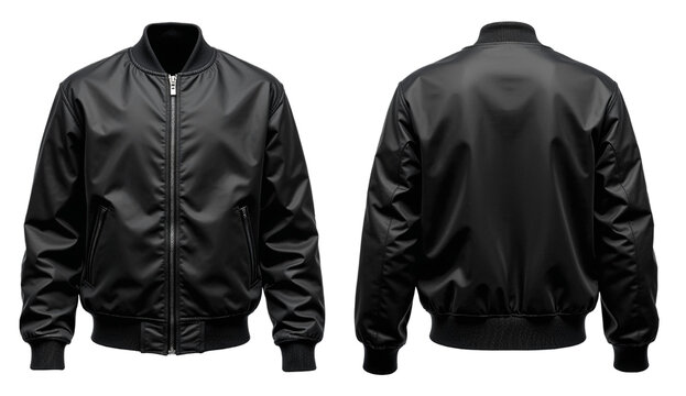 Black baseball bomber varsity jacket in front and back view, mockup isolated on transparent background.