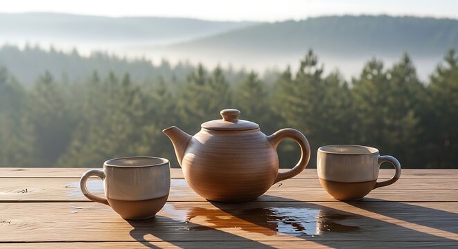 Tea setup on rustic wooden table with forest backdrop