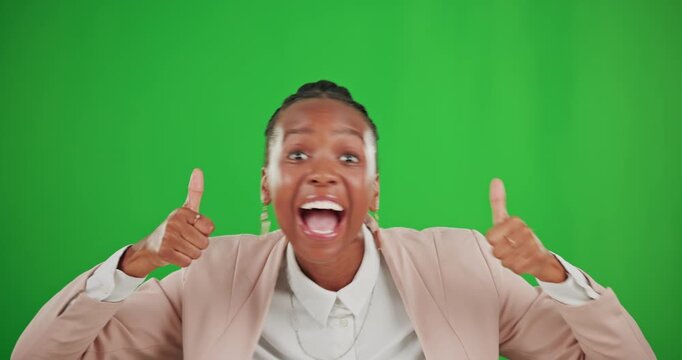 Thumbs up, green screen and face of excited woman dancing in studio, happy winner or bonus on background. Portrait of black female, thumb and smile to celebrate winning achievement, emoji and support