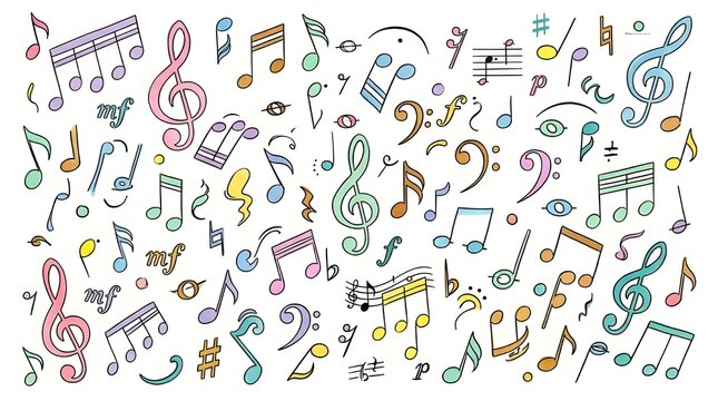 Colorful music notes and symbols isolated on white background
