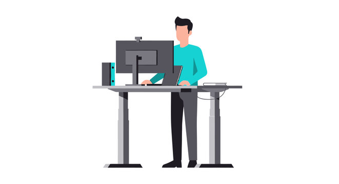 Businessman working at a height adjustable standing desk with computer, modern flat illustration of ergonomic office workspace and healthy work habits