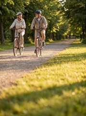 Fototapeta premium Active senior couple riding bicycles on a sun-drenched park trail during Older Americans Month celebration.