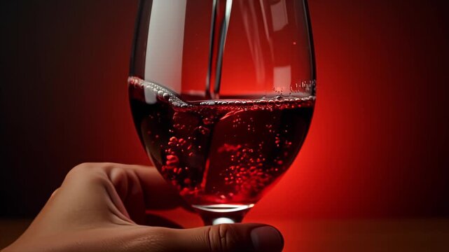 Glass of red wine swirling slowly in hand, rich ruby droplets on crystal surface, dark walnut table